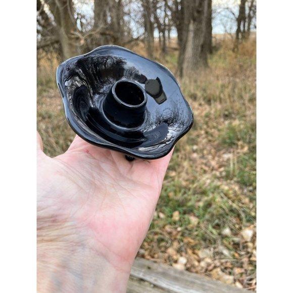 Vintage Pair Black Amethyst Glass 3 Footed Candlestick Holders - Picture 3 of 11